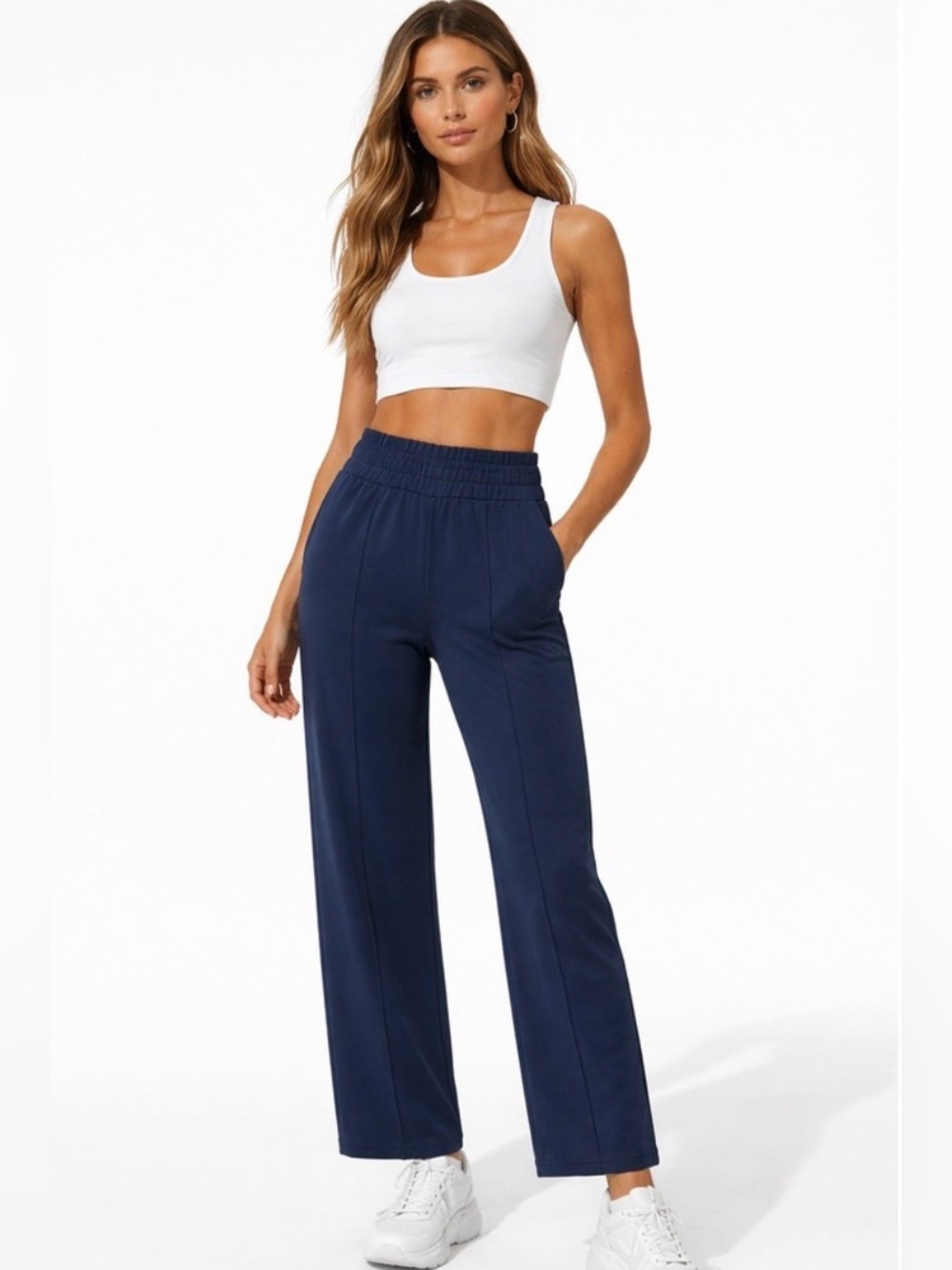 We Wander Performaluxe Pintuck Straight Pant Women Size L Navy NWT